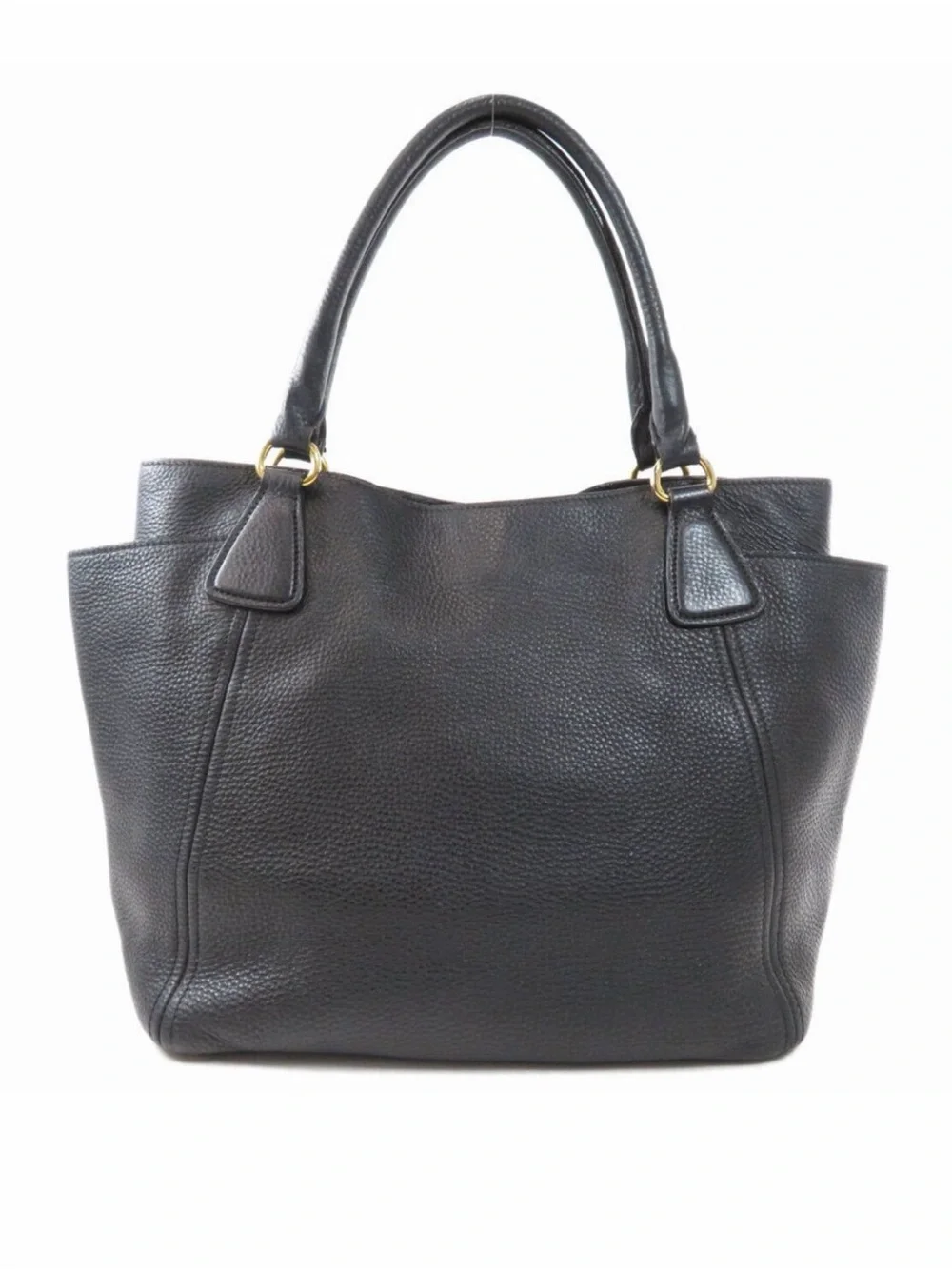 Prada Daino Side Pocket Black Pebbled Leather Tote with Gold Logo